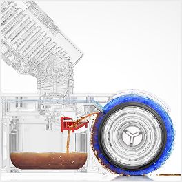 Cutaway showing how the Dyson PencilWash wet roller is washed with clean water on every rotation