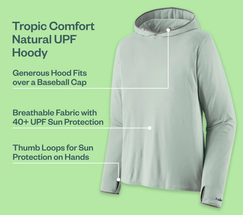 Tropic Comfort Natural Hoodie. Details include a Generous Hood that Fits over a Baseball Cap, Breathable Fabric with 40+ UPF Sun Protection and Thumb Loops for Sun Protection on Hands.