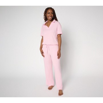 MUK LUKS Rib Knit Short Sleeve Collared Lounge Set