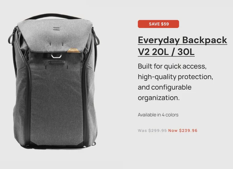 Save $59 Everyday Backpack V2 20L / 30L Built for quick access, high-quality protection, and configurable organization.