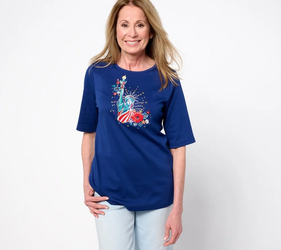 Quacker Factory Red White and Blessed Elbow Sleeve Top