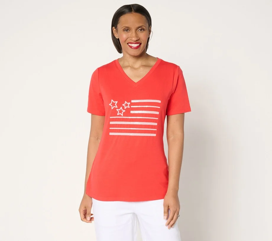Denim & Co. Americana Favorite Jersey Sequin Flag V-Neck Top