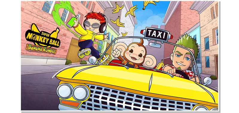Super Monkey Ball Banana Rumble characters driving a taxi and spray painting a wall