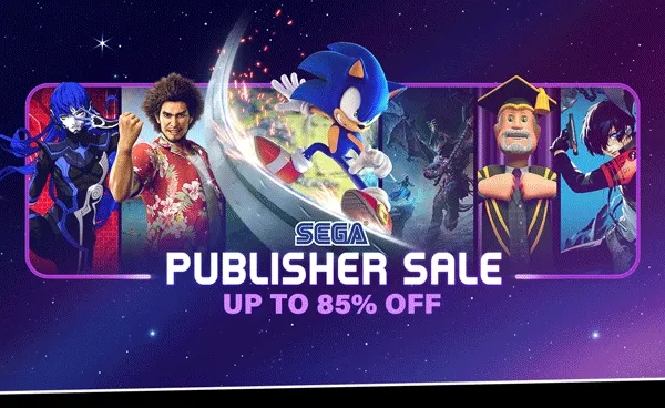 SEGA publisher sale. Up to 85% off. Animation showing different SEGA game characters and twinkling stars.