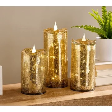 Set of 3 Illuminated Crackle Glass Candles by Valerie