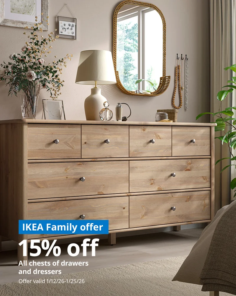15% off all chests of drawers and dressers