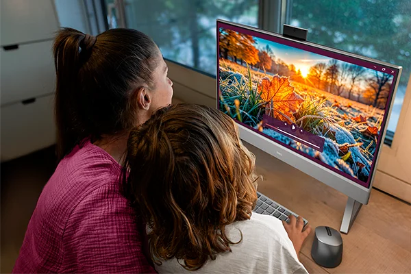 m and child watching a nature video with a video streaming overlay.