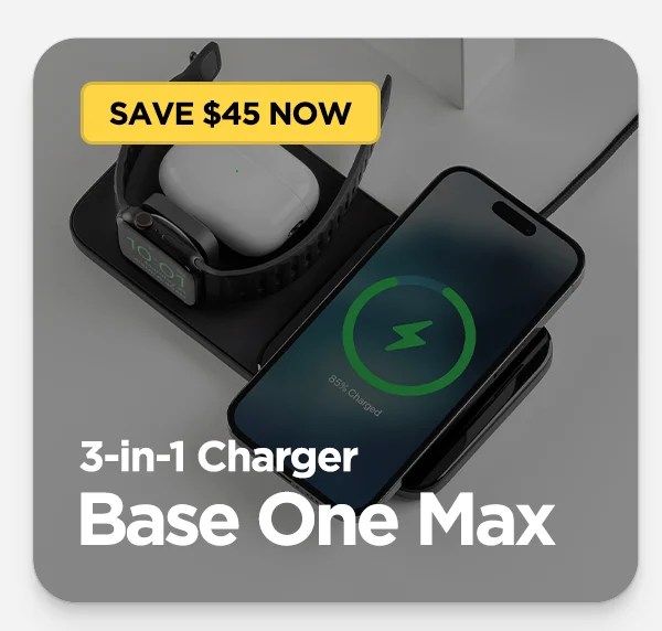 Base One Max 3 in 1 charger charging AirPods, Apple Watch, and iPhone. Save $45 now.