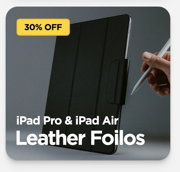 Save 30% off on iPad Pro and iPad Air Leather Folios. Featuring Black iPad Leather Folio with Apple Pencil