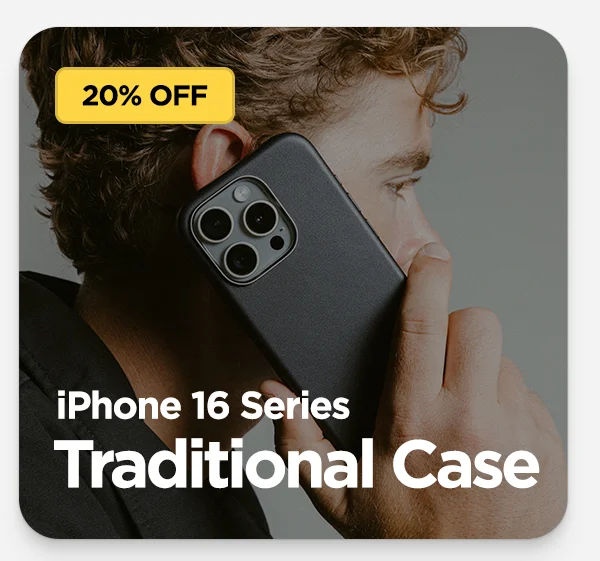Black Traditional Case for iPhone 16 is 20% off. Featuring full wrap leather