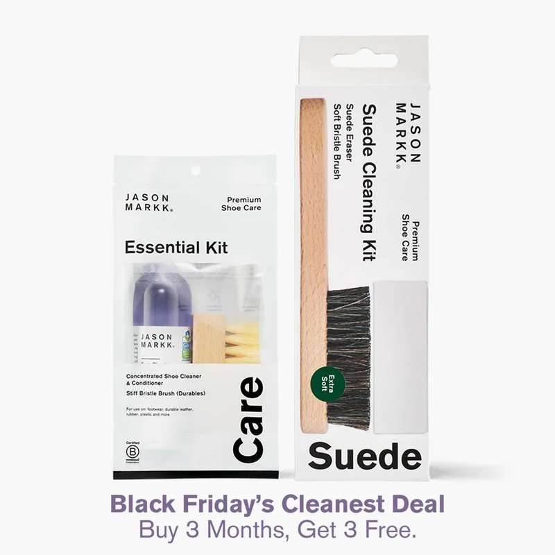 With the Jason Markk Essential Suede Bundle, you'll have everything you need to keep your premium suede footwear looking like new. Your shoes will thank you. Order now and experience the cleaning solution for your premium suede footwear. Designed to effectively and gently clean dirt without damaging your shoes, this bundle is a must-have for any sneakerhead, our Essential Kit includes our Standard Brush, which is perfect for durable materials such as leather, midsoles, and undersoles. Pair it with our 4oz Premium Deep Cleaning Solution, which is powerful enough to clean tough stains yet gentle enough to use on delicate materials like suede, nubuck, and knits. This solution is also eco-friendly and safe for use on all colors and materials. For a more targeted approach, the Premium Suede Cleaning Kit is included in the bundle. This kit features a suede eraser and brush specifically designed to clean and revive suede and nubuck footwear materials, giving your shoes a fresh and new look.