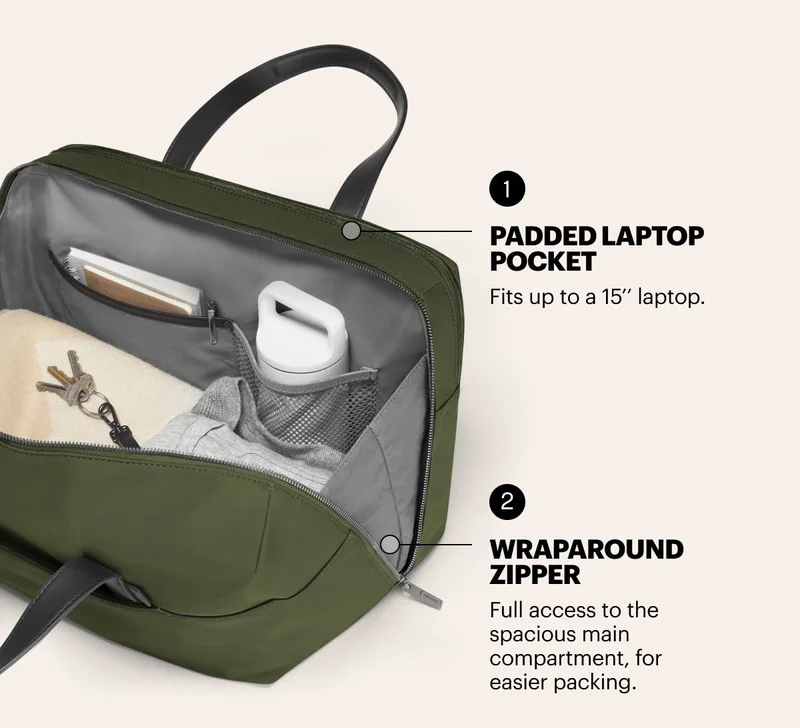Padded laptop pocket: Fits up to a 15” laptop. Wraparound zipper: Full access to the spacious main compartment, for easier packing.