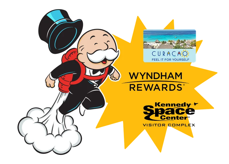 From trips to Curaçao, Wyndham Rewards, Kennedy Space Station and more. Mr. Monopoly on a jet pack.