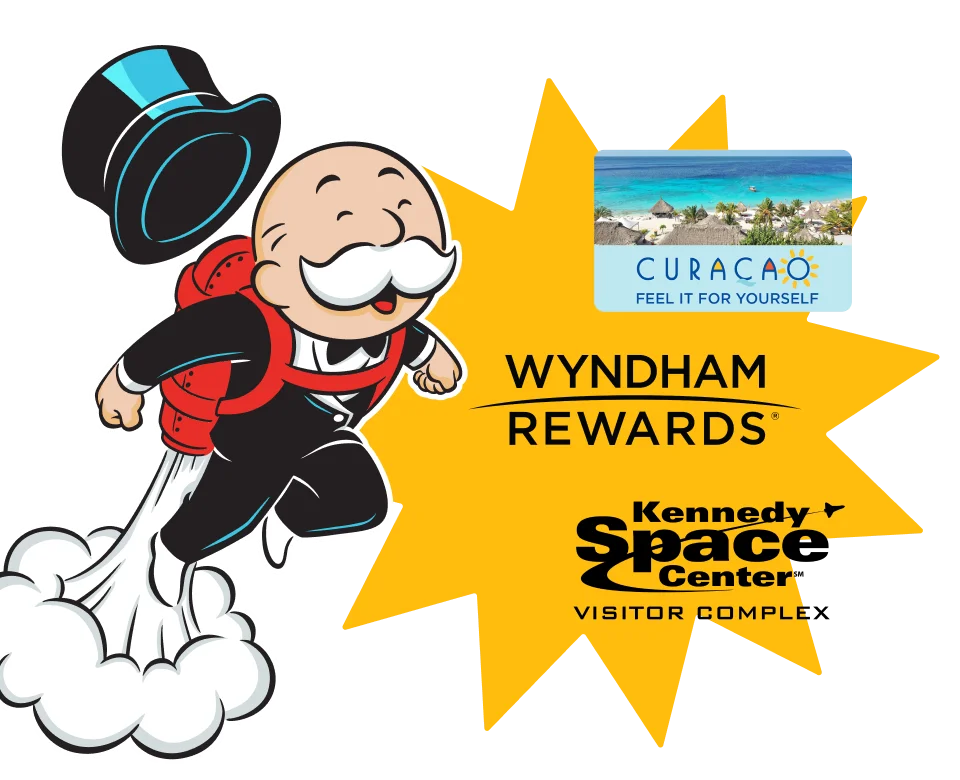 From trips to Curaçao, Wyndham Rewards, Kennedy Space Station and more. Mr. Monopoly on a jet pack.