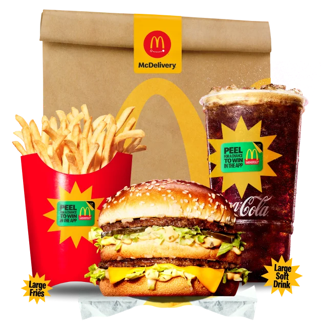 A meal in front of a McDelivery bag.