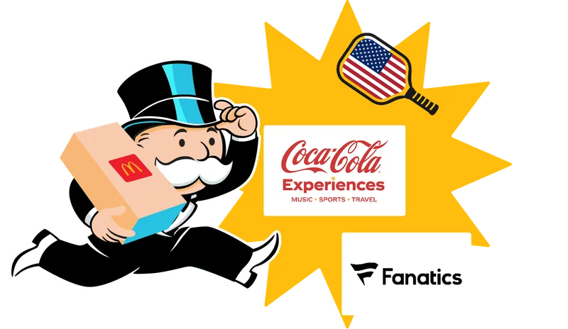 From Pickleball Paddles US, Coca-Cola Experiences, Fanatics and more. Mr. Monopoly running.