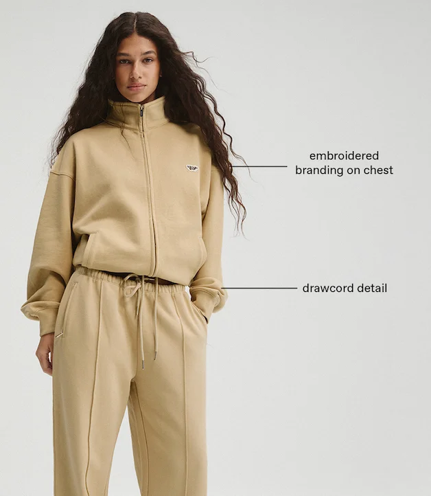 Drawcord Zip Through Sweatshirt & Pintuck Straight Leg Sweatpants - Caramel Beige