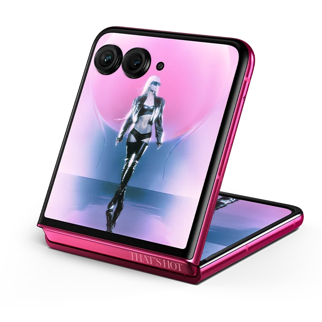 The new motorola razr+ with a picutre of Paris Hilton on the external screen