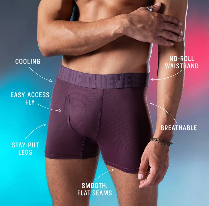 Cooling no-roll waistband easy-access fly breathable stay-put legs smooth, flat seams