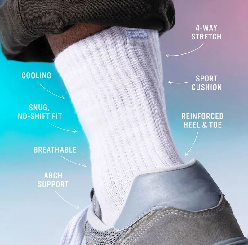 4-way stretch cooling sport cushion Snug,  No Shift Fit reinforced heel & toe breathable arch support