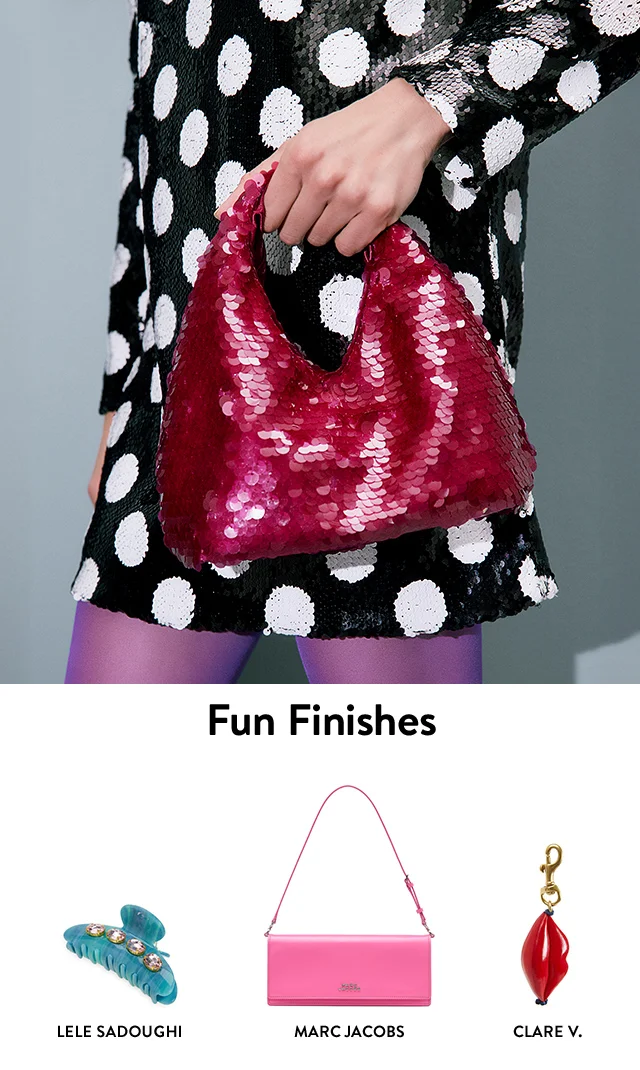 A woman holding a red sequin bag. A blue hair clip from Lele Sadoughi, a pink bag from Marc Jacobs and a lip-shaped bag charm from Clare V.