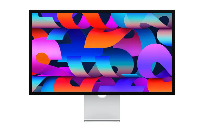 Front of Studio Display with colorful ribbon-like wallpaper