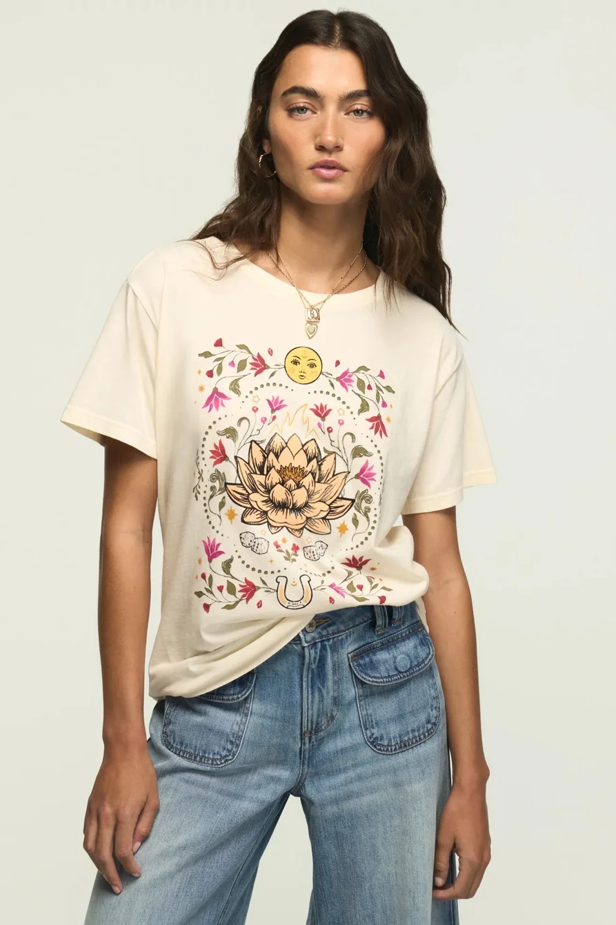 Image of Lucky Brand Painted Lotus Boyfriend Tee - Women's Clothing Tops Shirts Tee Graphic T Shirts in Whitecap Gray
