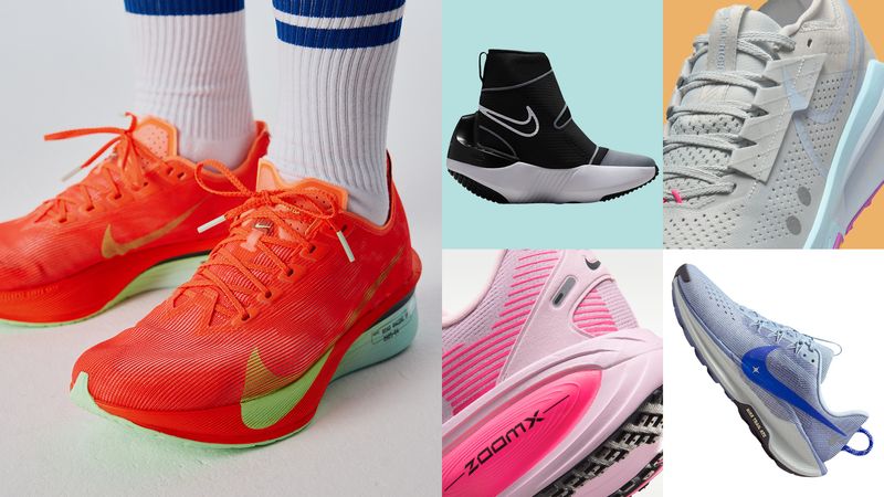 A collage of Nike running shoes and a person wearing Nike running shoes.