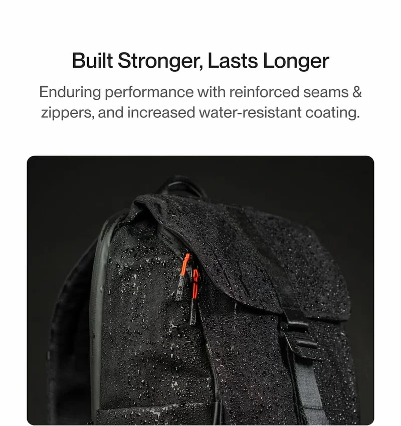 Close-up of TORCH backpack with reinforced seams and zippers, showing water-resistant coating.