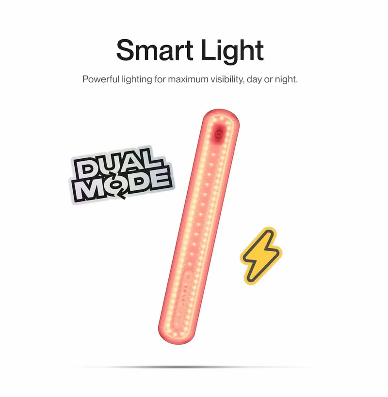 UNIT 1 Smart Light in red, dual mode visibility for day and night riding.