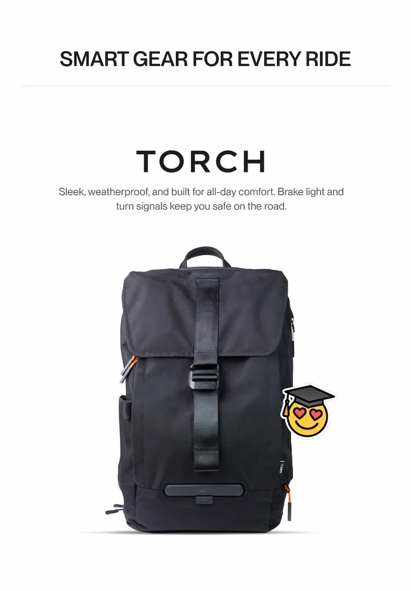 UNIT 1 TORCH backpack front view, sleek weatherproof design with built-in light mount.