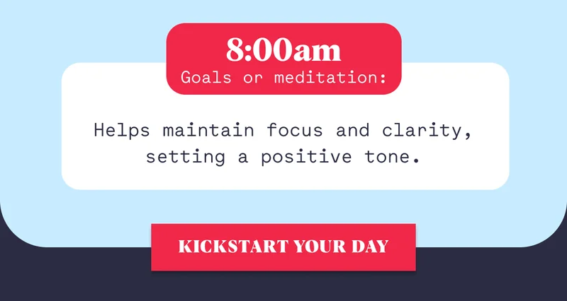 Goals or meditation: 8:00am Helps maintain focus and clarity, setting a positive tone. KICKSTART YOUR DAY