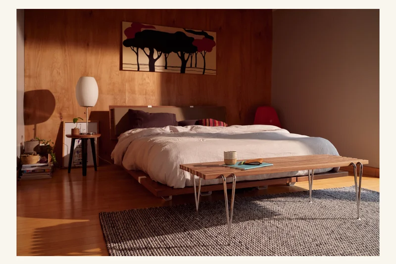 Pictured: The Bed Frame, Flow Rug, Acton Bench, and Side Table.
