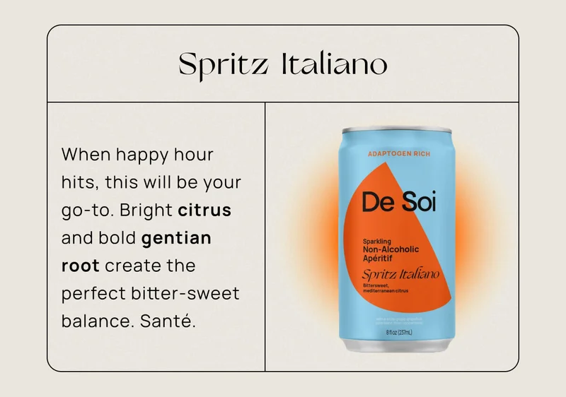 Spritz Italiano | When happy hour hits, this will be your go-to. Bright citrus and bold gentian root create the perfect bitter-sweet balance. Santé.