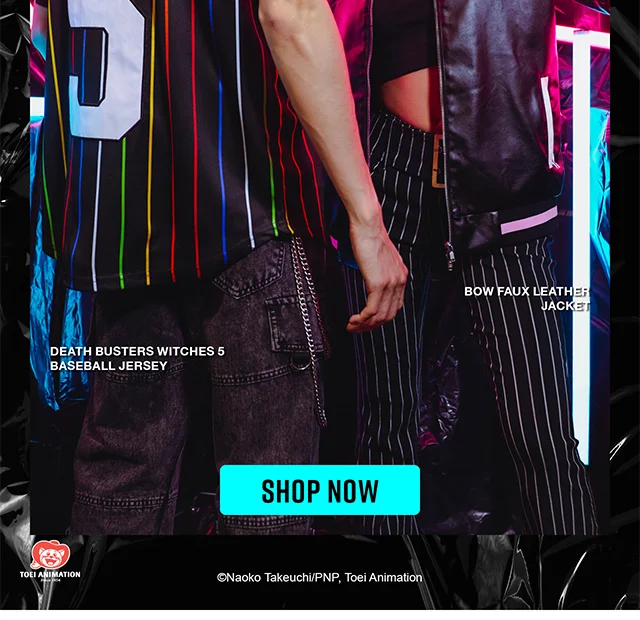 Product shown: Death Busters Witches 5 Baseball Jersey and Bow Faux Leather Jacket