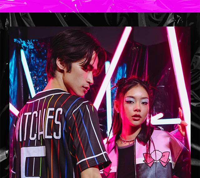 Product shown: Death Busters Witches 5 Baseball Jersey and Bow Faux Leather Jacket