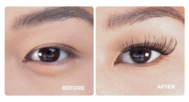 Before and after comparison showing natural lashes versus enhanced lashes with Wifey Lash Clusters applied