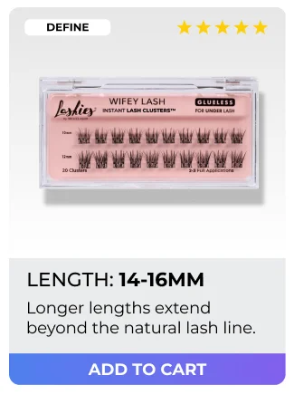 Define style Wifey Lash Clusters in 14-16mm length with 5-star rating - longer lengths extend beyond natural lash line