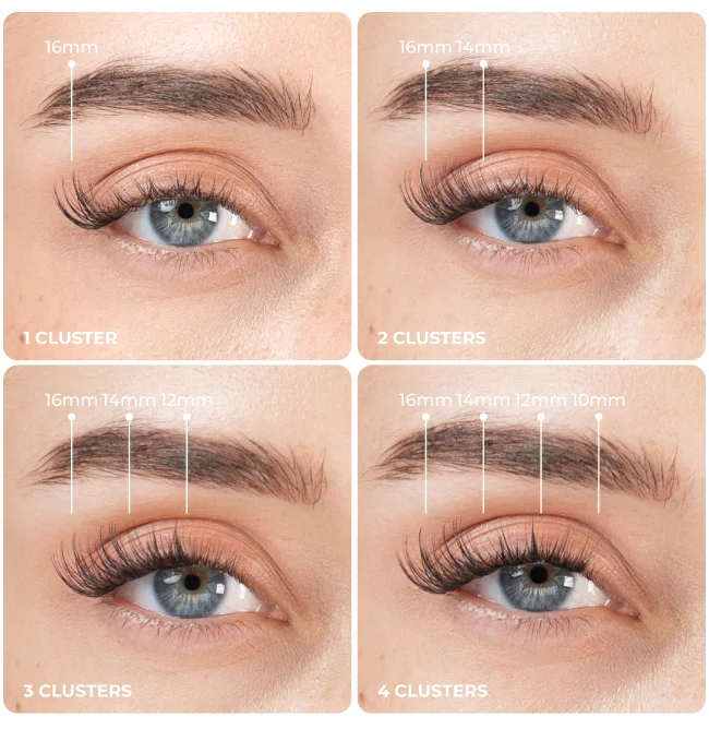 Comparison guide showing 1, 2, 3, and 4 Wifey Lash Clusters applied to eye with length measurements from 10mm to 16mm