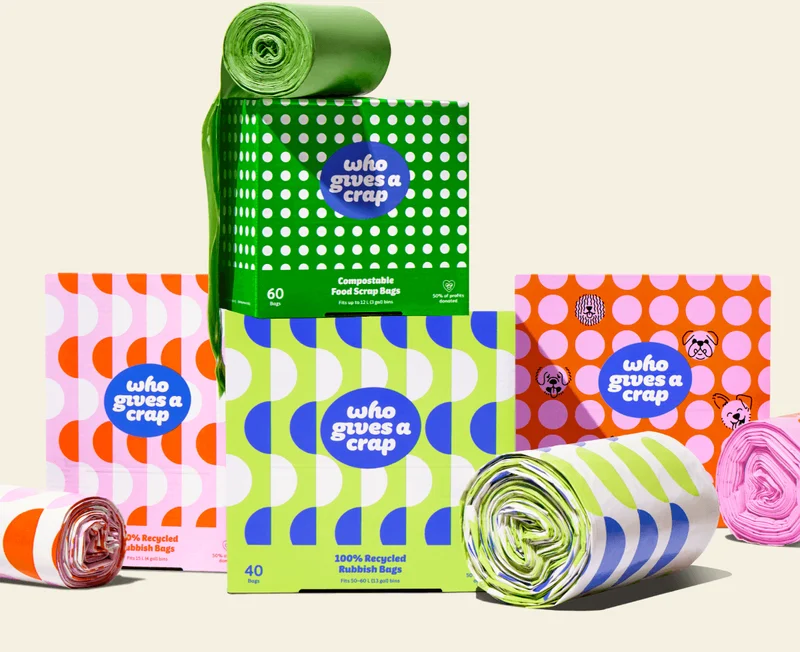 Image: 100% Compostable Food Scrap Bags, 100% Recycled Trash Bags, 100% Recycled Poo Bags