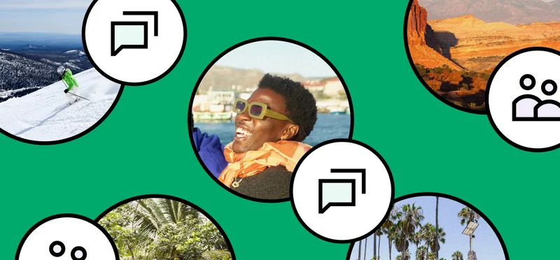 Image description: User avatar photos with graphic icons of people and message boxes.