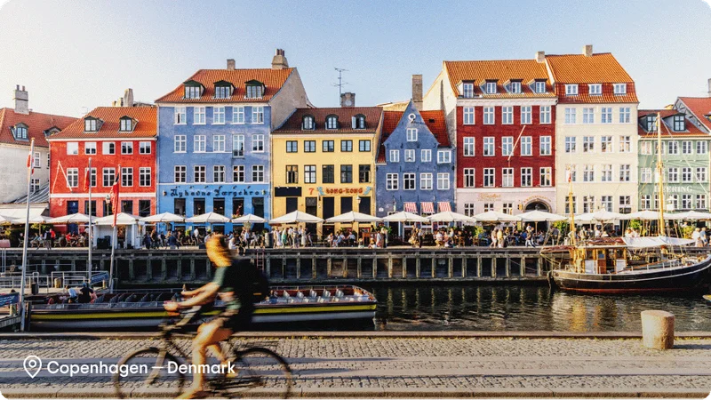 Image Description: A person riding a bike past colorful buildings and boats in the water in Copenhagen, Denmark.