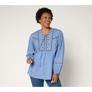 Ree by The Pioneer Woman Woven Cotton Embroidered Tie Neck Tunic