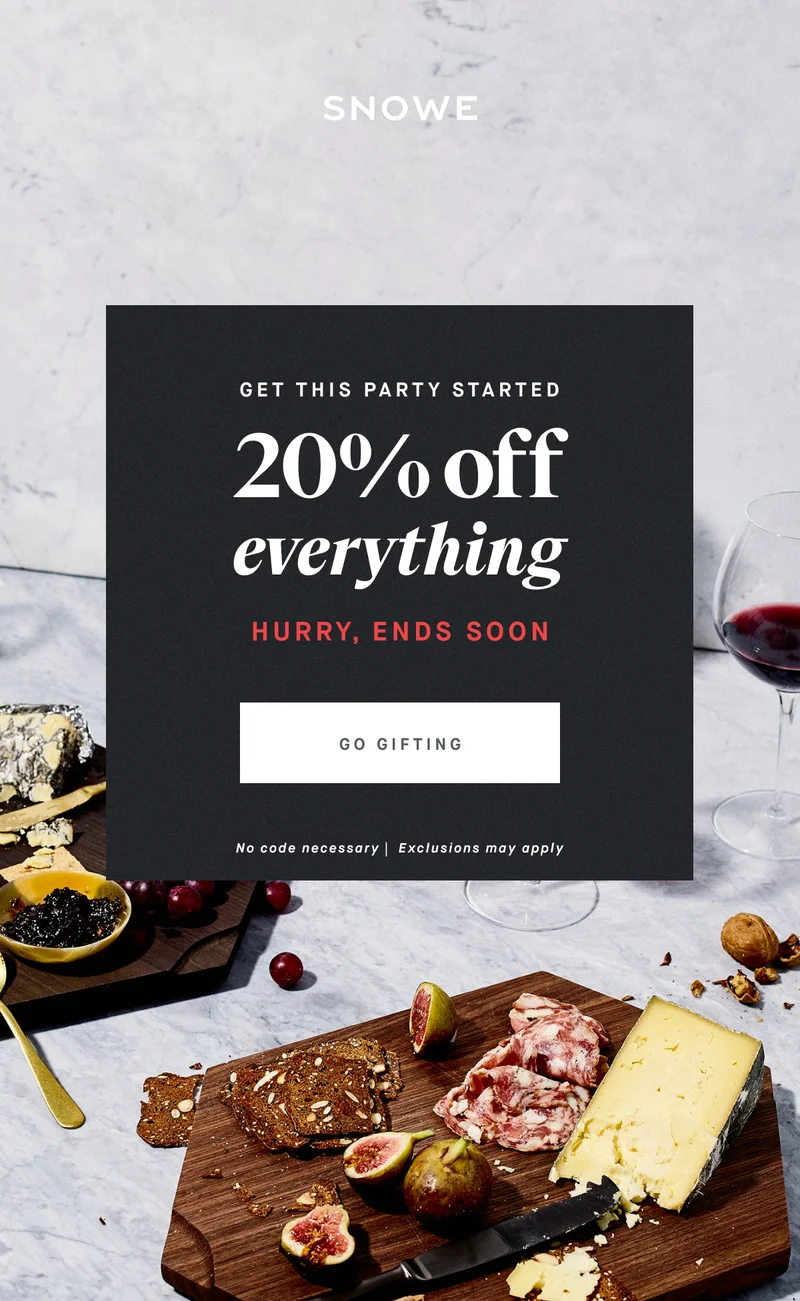 Get this party started 20% off everything HURRY, ENDS SOON GO GIFTING No code necessary |  Exclusions may apply