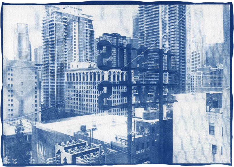 blue image of jesus saves sign adjacent to ace dtla
