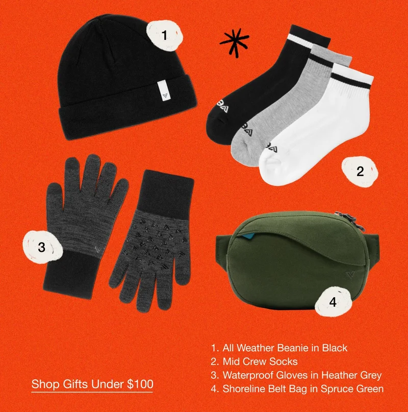 Graphic images of these Vessi accessories: 1. All Weather Beanie in Black, 2. Mid Crew Socks, 3. Waterproof Gloves in Heather Grey, and 4. Shoreline Belt Bag in Spruce Green. Shop Gifts Under $100.