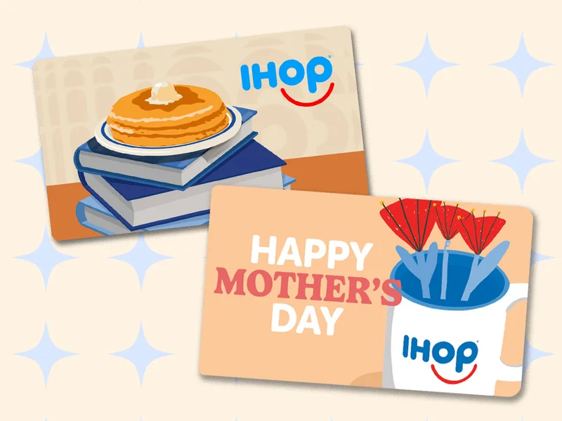 Two illustrated gift cards on a cream background with blue starbursts. One gift card has a plate of pancakes on a stack of books, the other has an IHOP mug filled with flowers and Happy Mothers Day text
