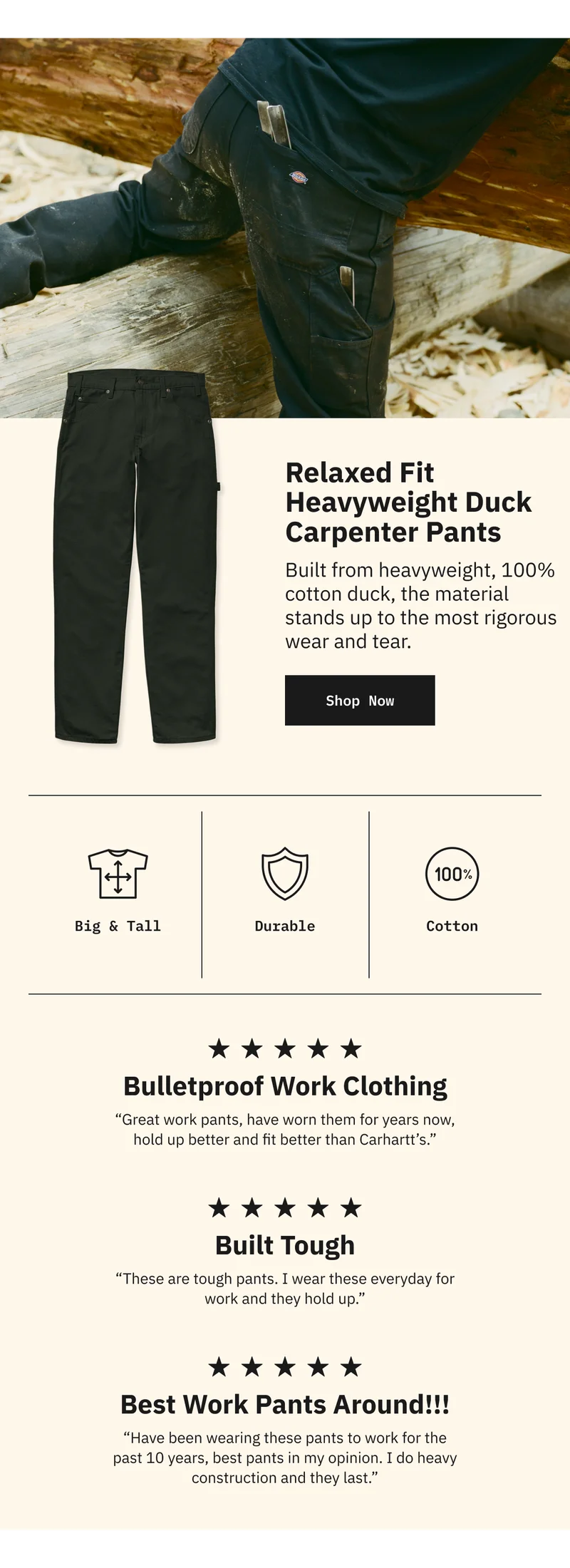 Relaxed Fit Heavyweight Duck Carpenter Pants. Built from heavyweight, 100% cotton duck, the material stands up to the most rigorous wear and tear. Shop Now.