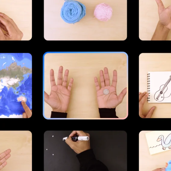 A grid of photos on a black background, showing hands from above doing different things