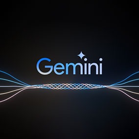 The word “Gemini” written in light blue and yellow text on a black background with decorative, intertwining lines underneath and an AI spark shape above it.
